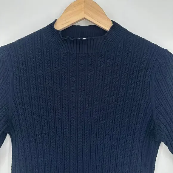 Boden Pointelle Rib Knit Mock Neck Top Knit Short Sleeve Lettuce Trim Sweater - Picture 4 of 10